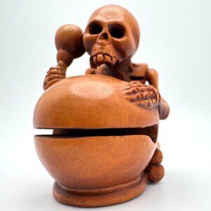 Netsuke Large Skeleton Playing Drum Hardwood Carving Sculpture Japanese Vintage